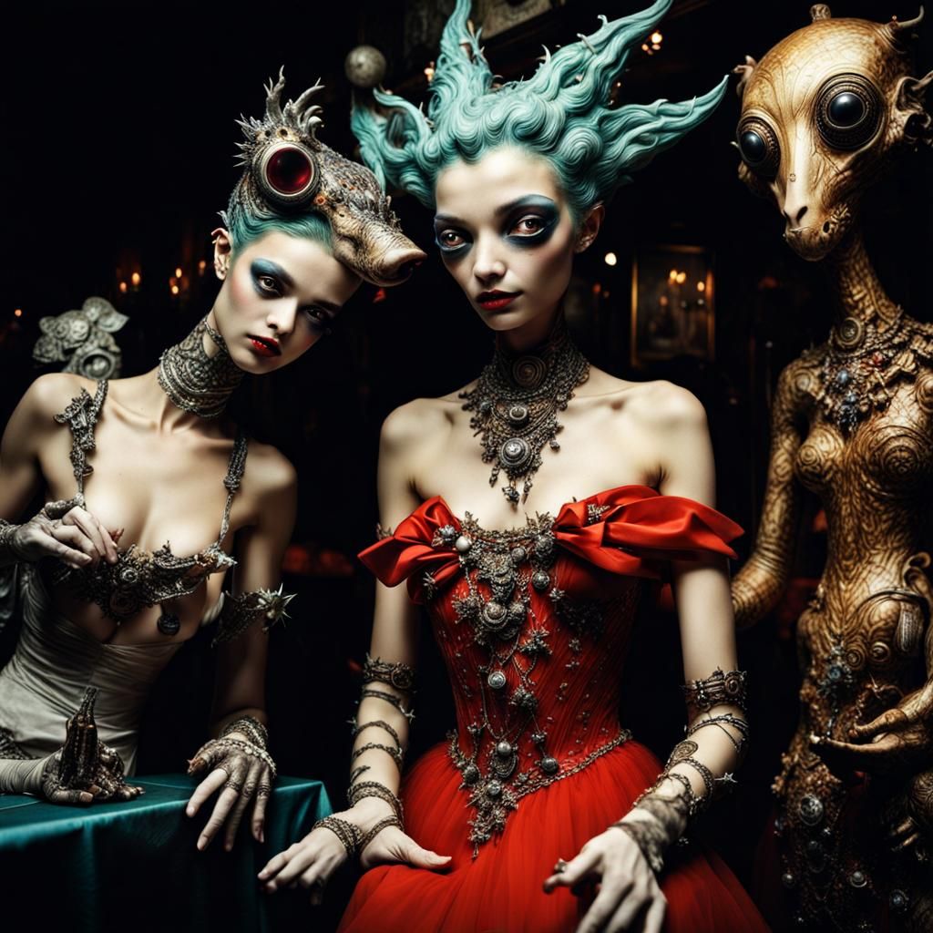 Surreal Restaurant Scene with Exotic Aliens