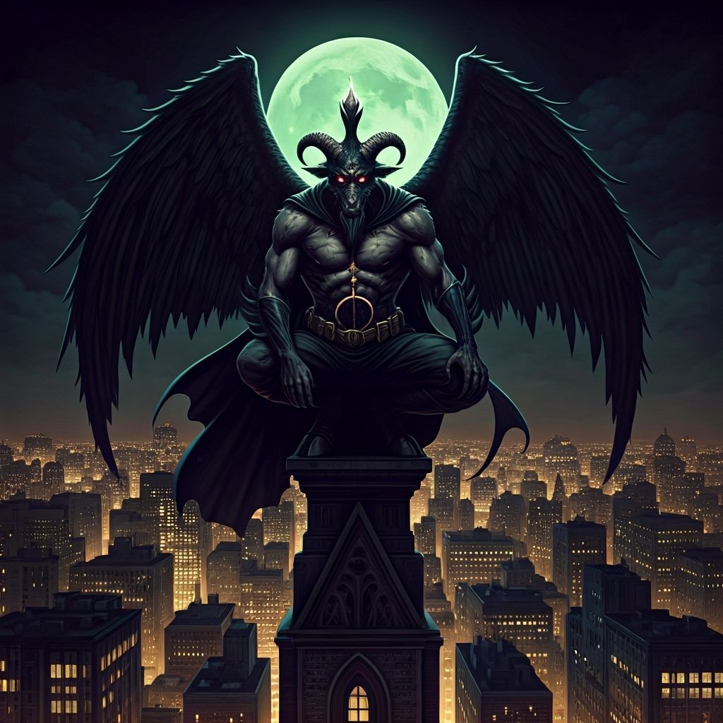 Baphomet Batman on Gothic Skyscraper