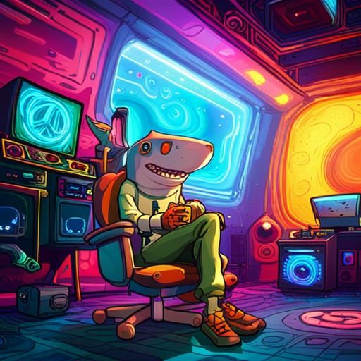 Hippy Hammerhead Shark in Arcade Living Room