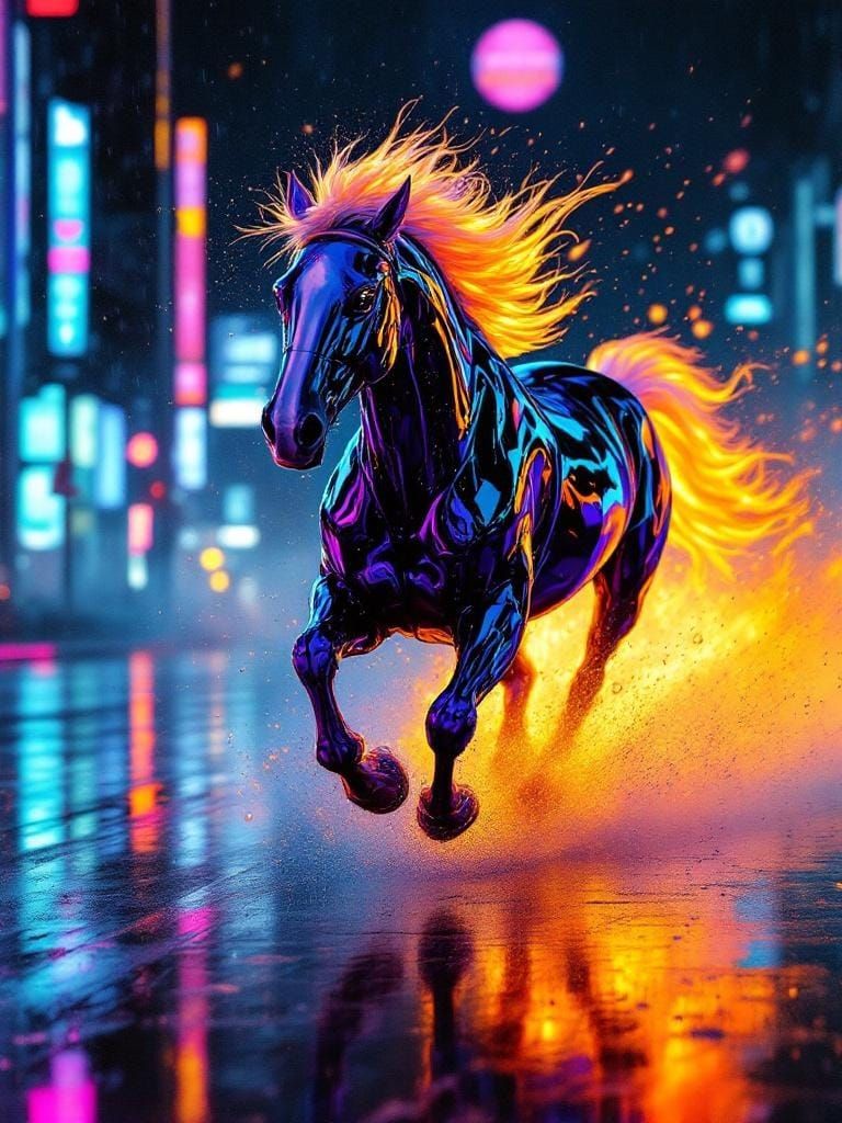 Chrome Horse Gallops Through Neon Dystopia