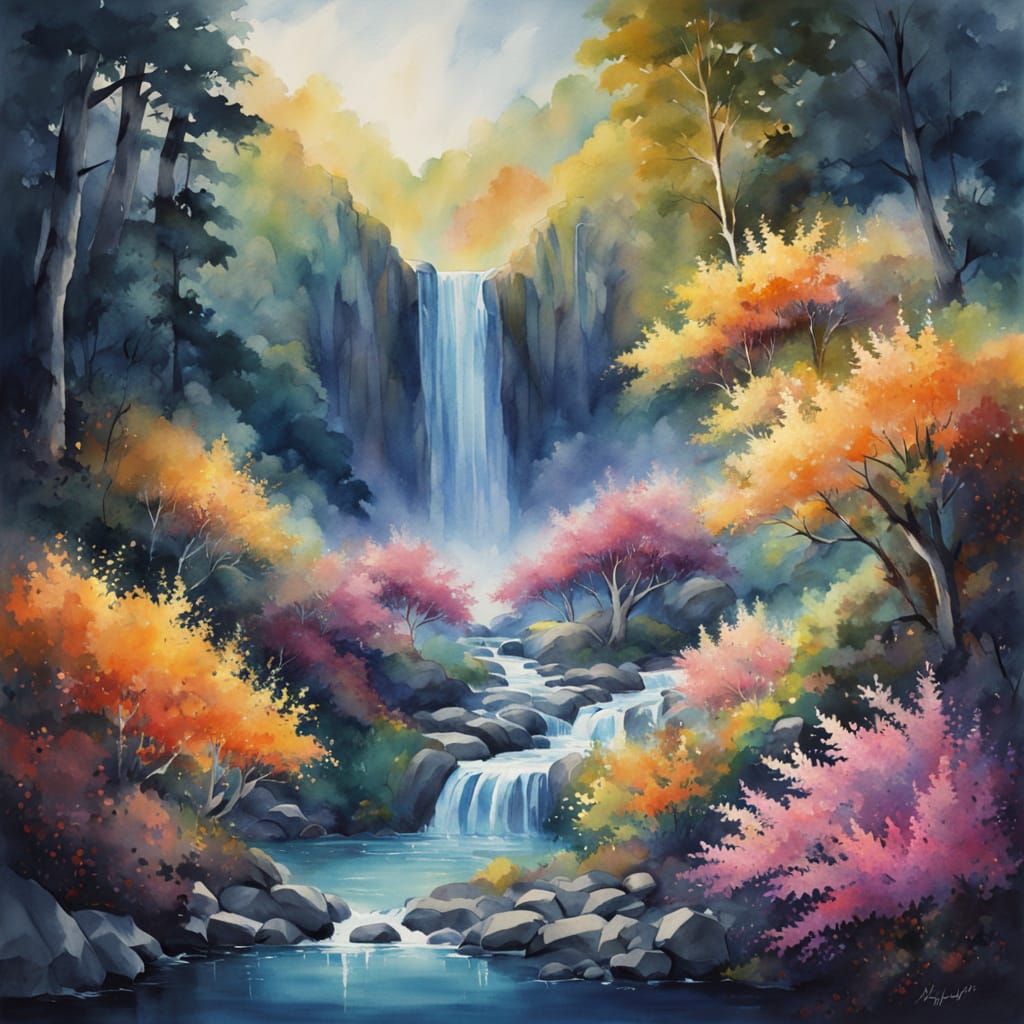 Watercolor Waterfall in Luminous Flora Valley