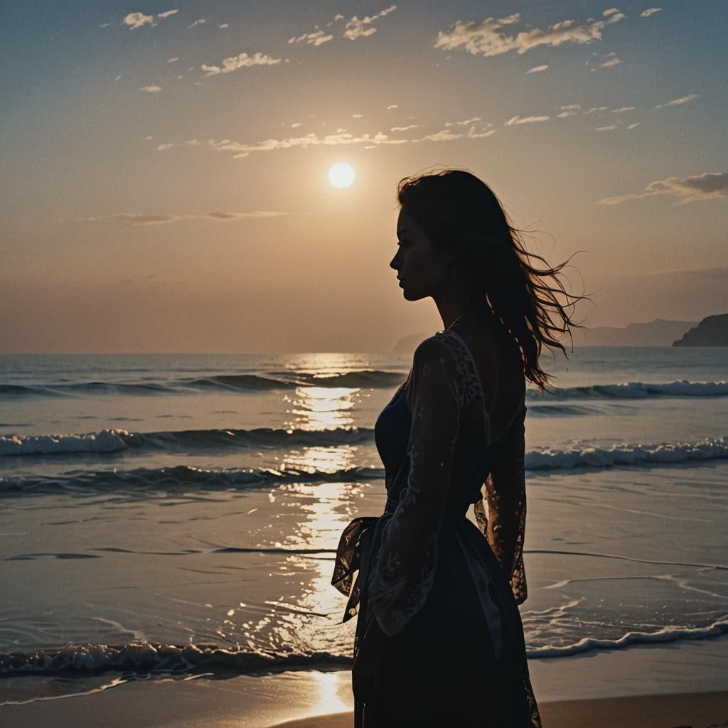 Hyperrealistic Silhouette of Woman on Beach at Sunset