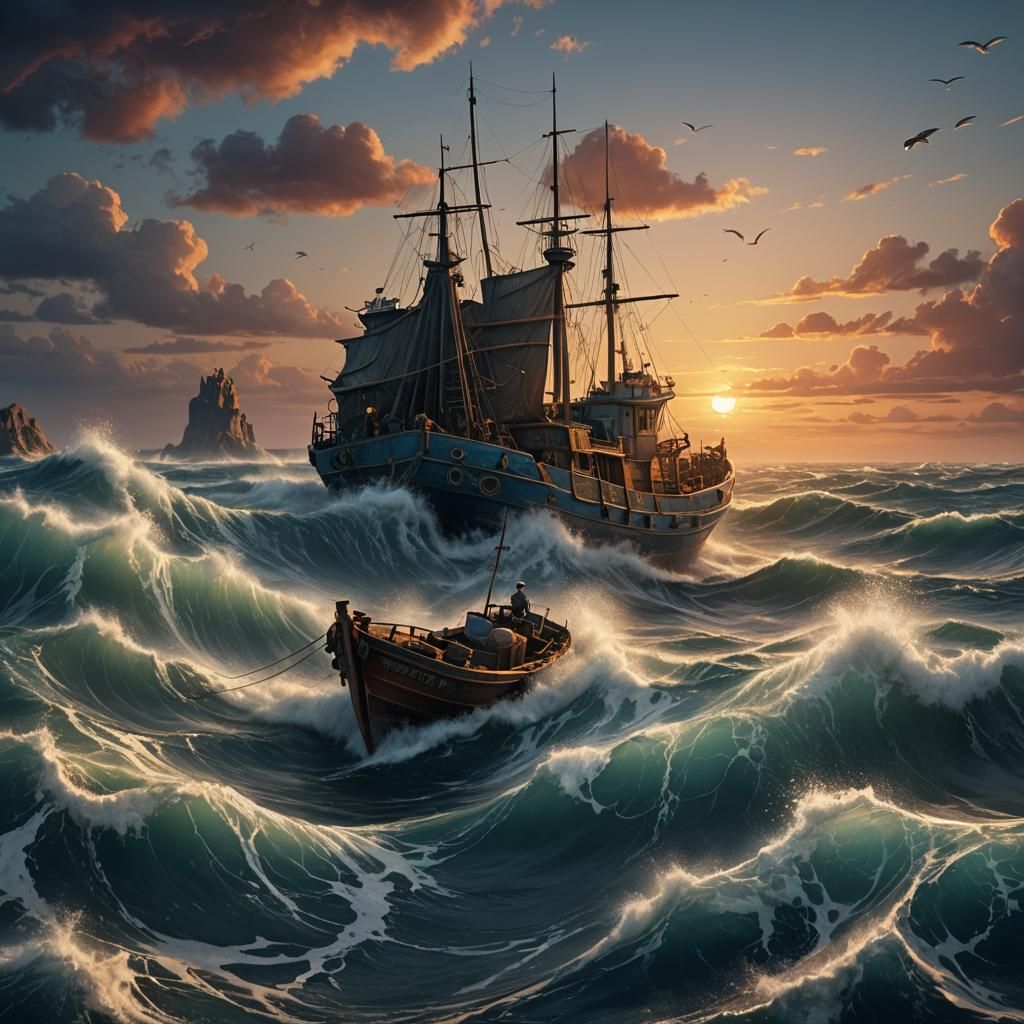 Fishing Boat on Stormy Seas at Sunset