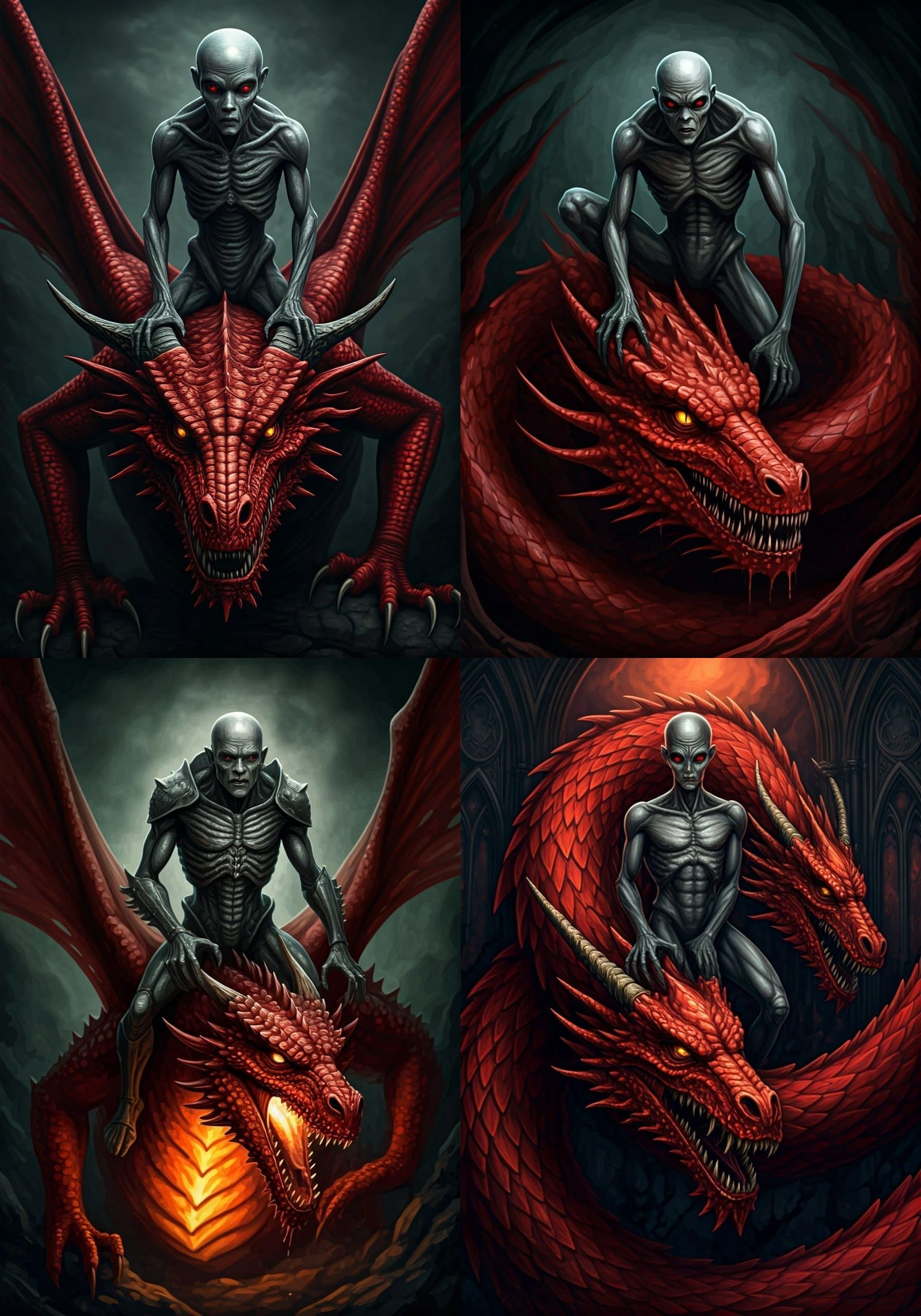 Demonic Alien Rides Dragon in Gothic Watercolor