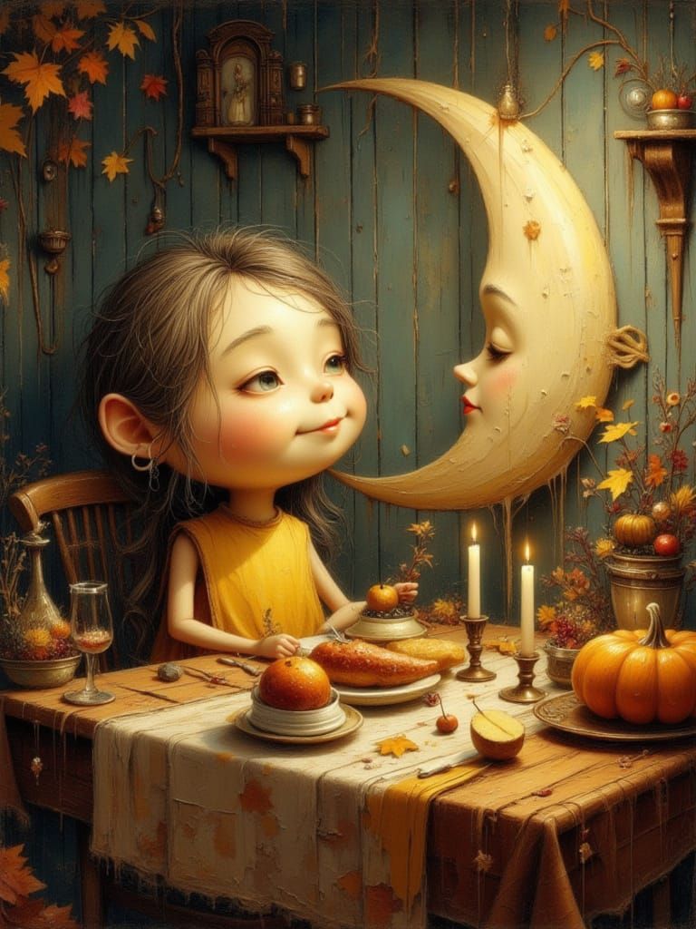 Anthropomorphic Moon Enjoys Thanksgiving Dinner in Storybook...