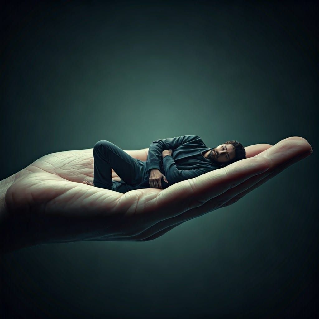 Man Finds Solace in Giant Hand's Protective Embrace