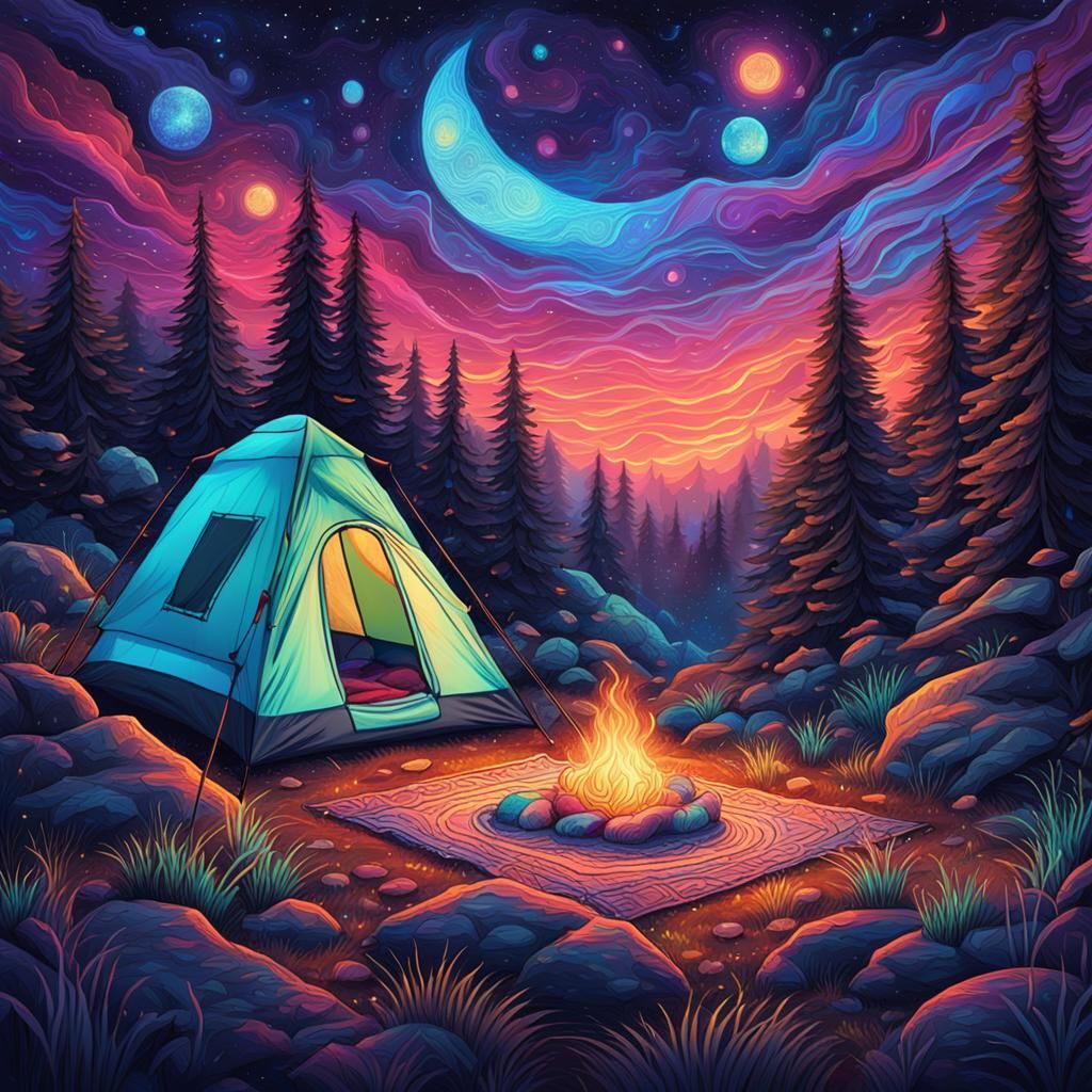 Cosmic Camping Trip: Holographic Astral Illustration