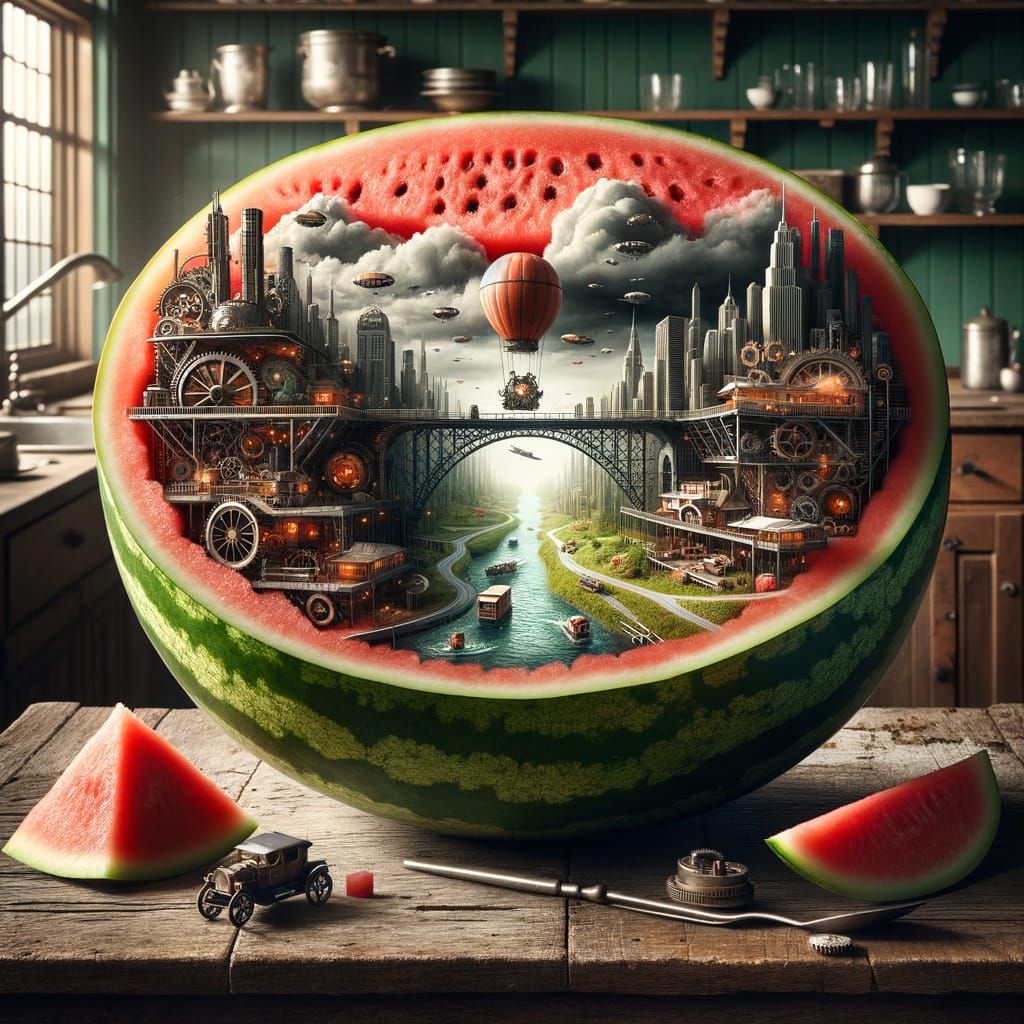 Surreal Steampunk City Unfolds Within a Watermelon