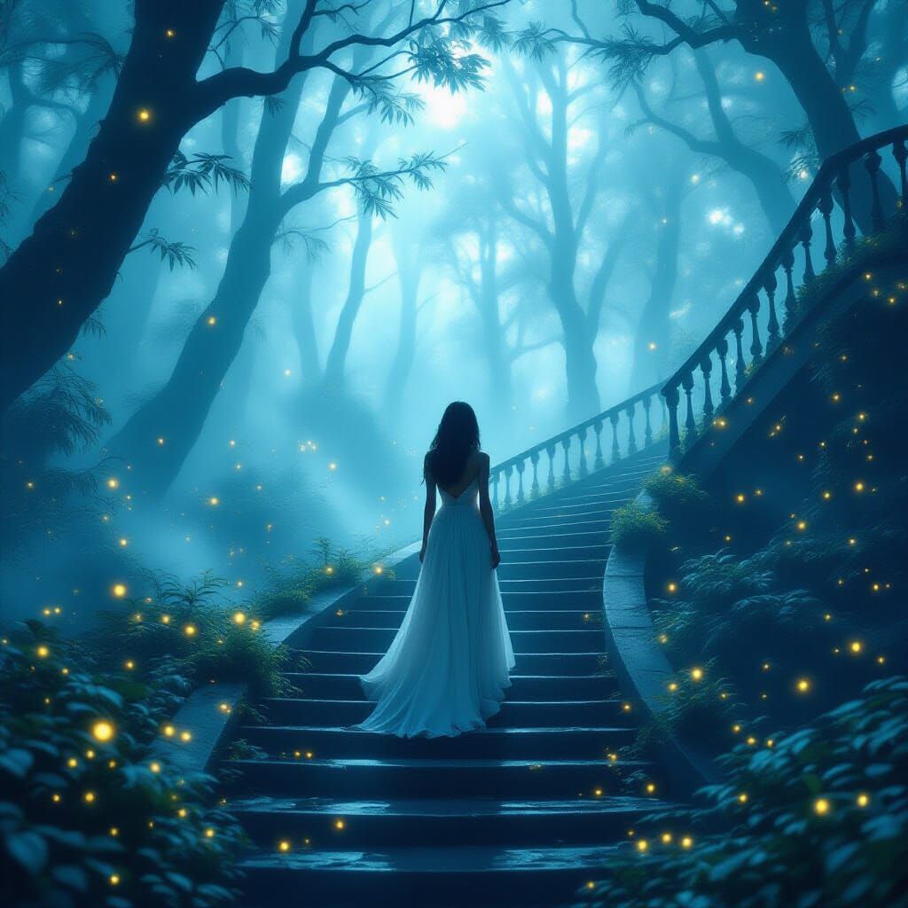 Ethereal Forest: Woman on a Vertigo Staircase