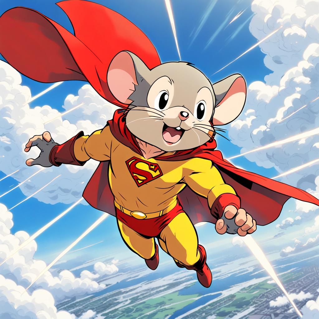 Anime Mouse Superhero Flies Through Metropolis