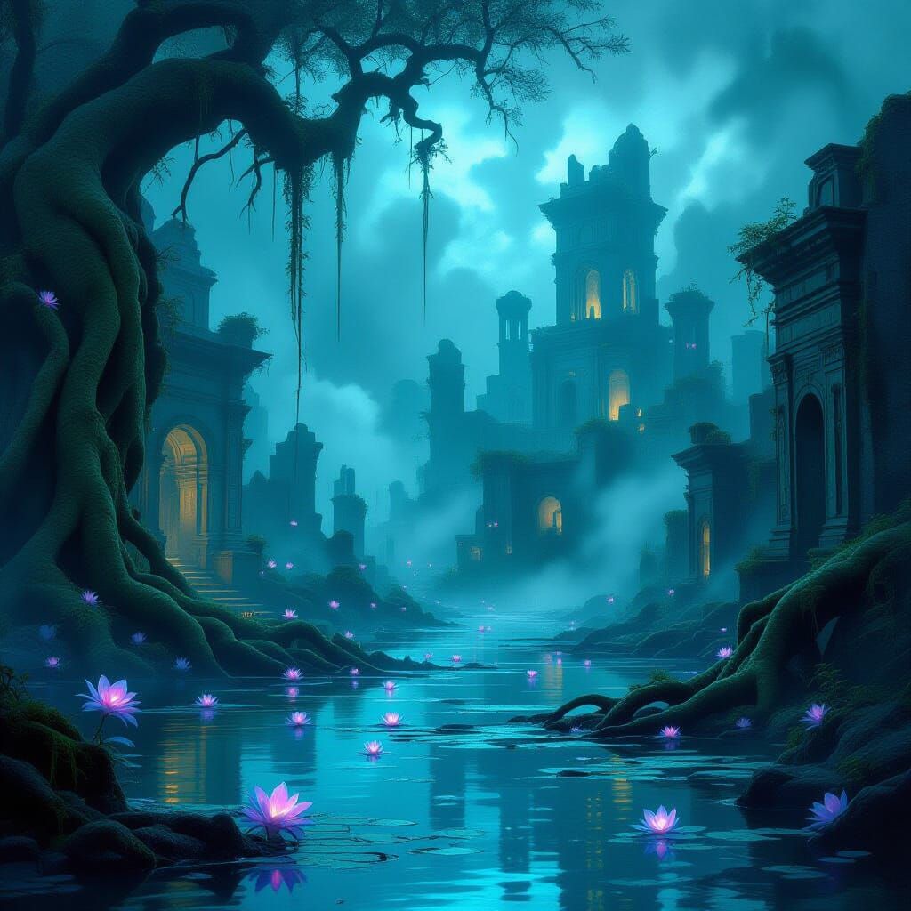 Ancient Swamp City in Moody Dark Fantasy Style