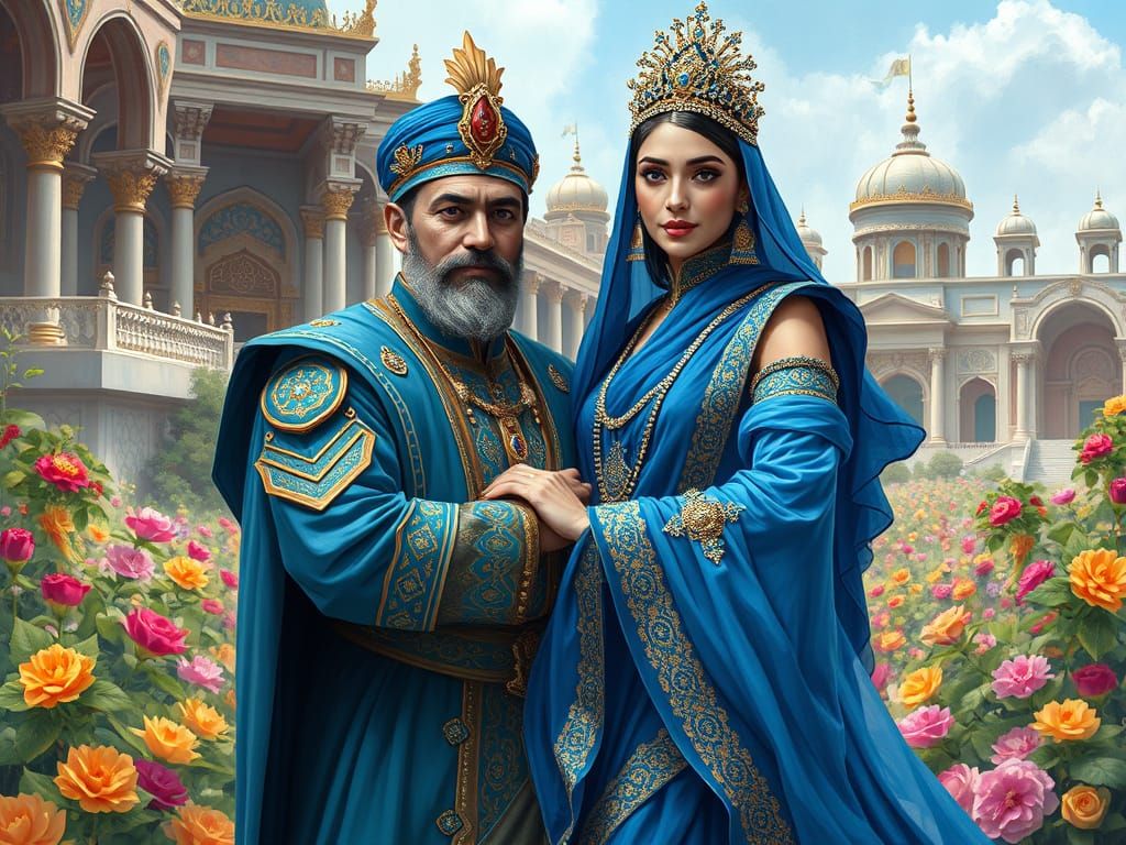 Opulent Persian Emperor and Dancer in Lush Garden