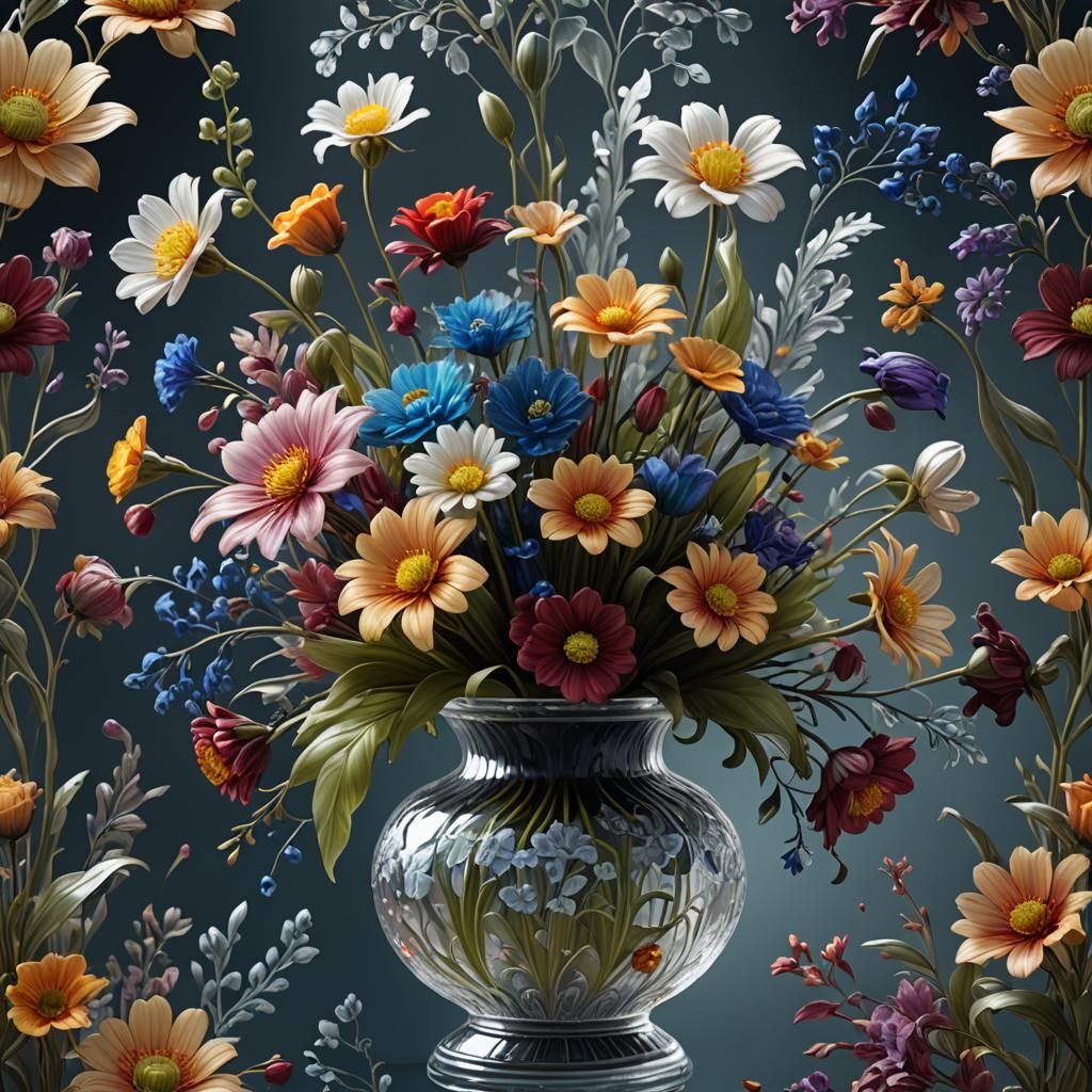 Glass Flowers in Etched Vase: Matte Painting