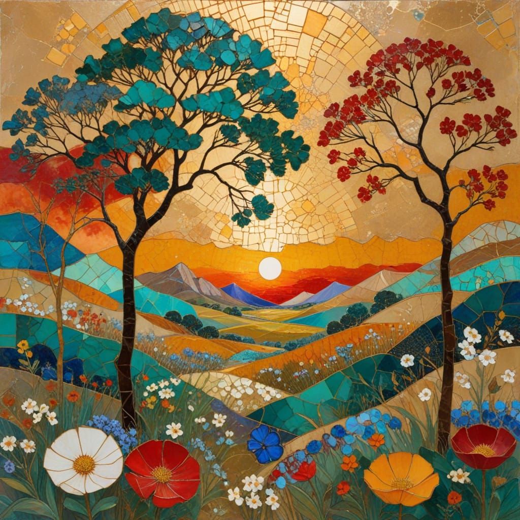 Surrealistic Sunset Landscape in Vibrant Impasto Colors