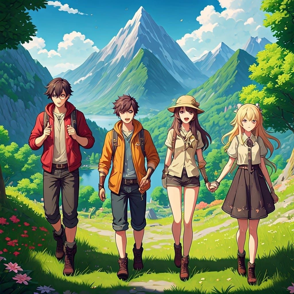 Friends' Outdoor Adventure in Anime-Inspired 3D Art