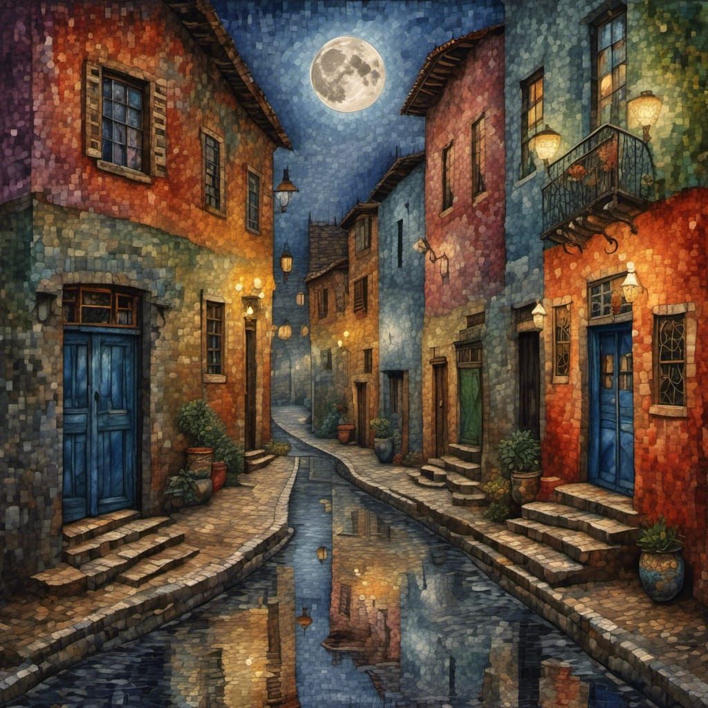 art by Frida Kahlo and Vincent 
Van Gogh, narrow dark alleyw...