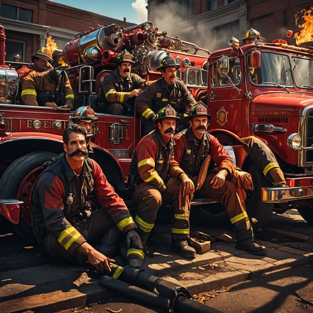 Hyperrealistic Firefighters in Vintage Fire Truck