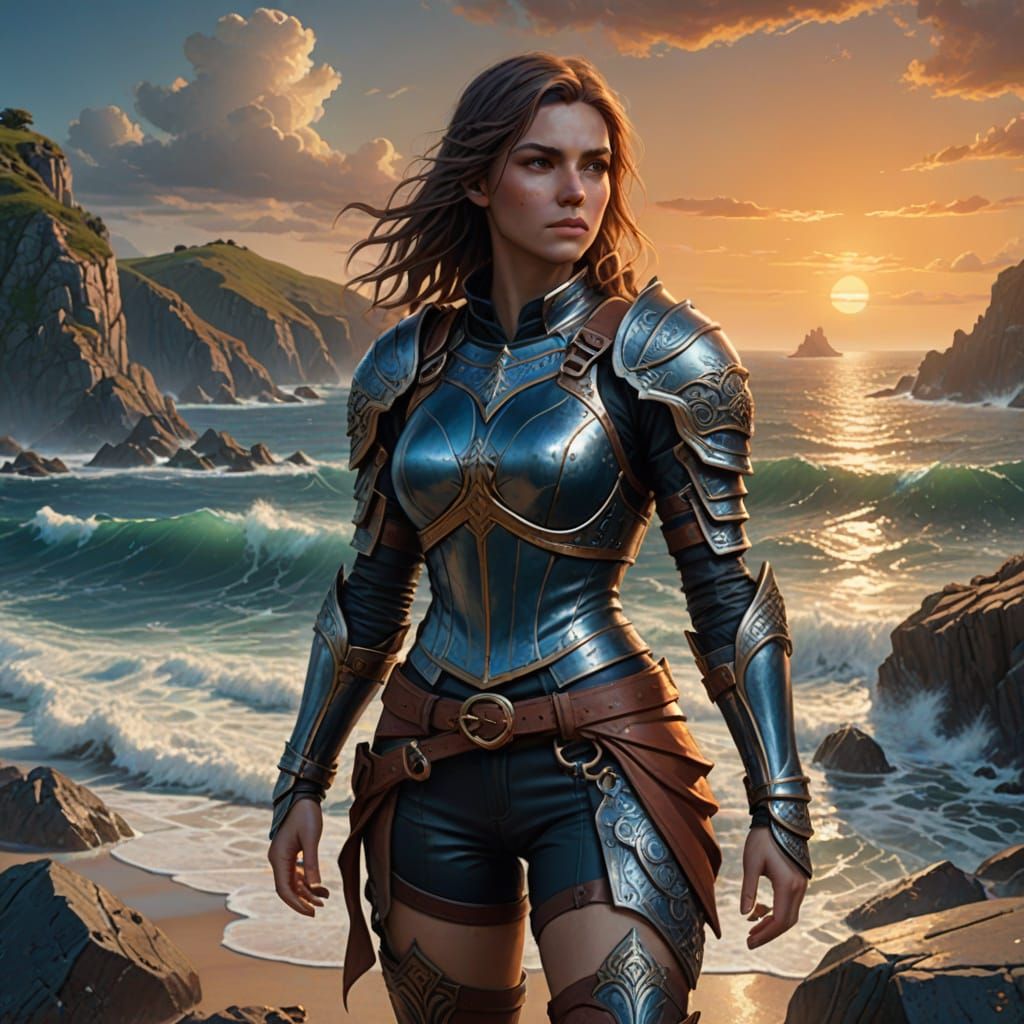 Fantasy Female Warrior in Leather Armor by the Seaside