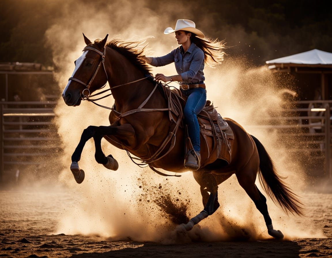 Dynamic Rodeo Cowgirl on Horseback