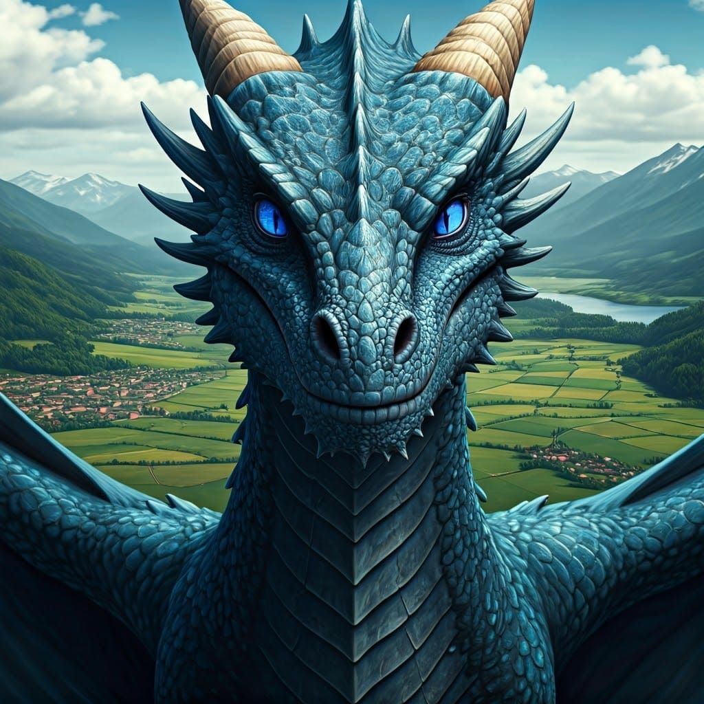 Surreal Dragon Rests on Rooftop, Filled with Electric Blue E...