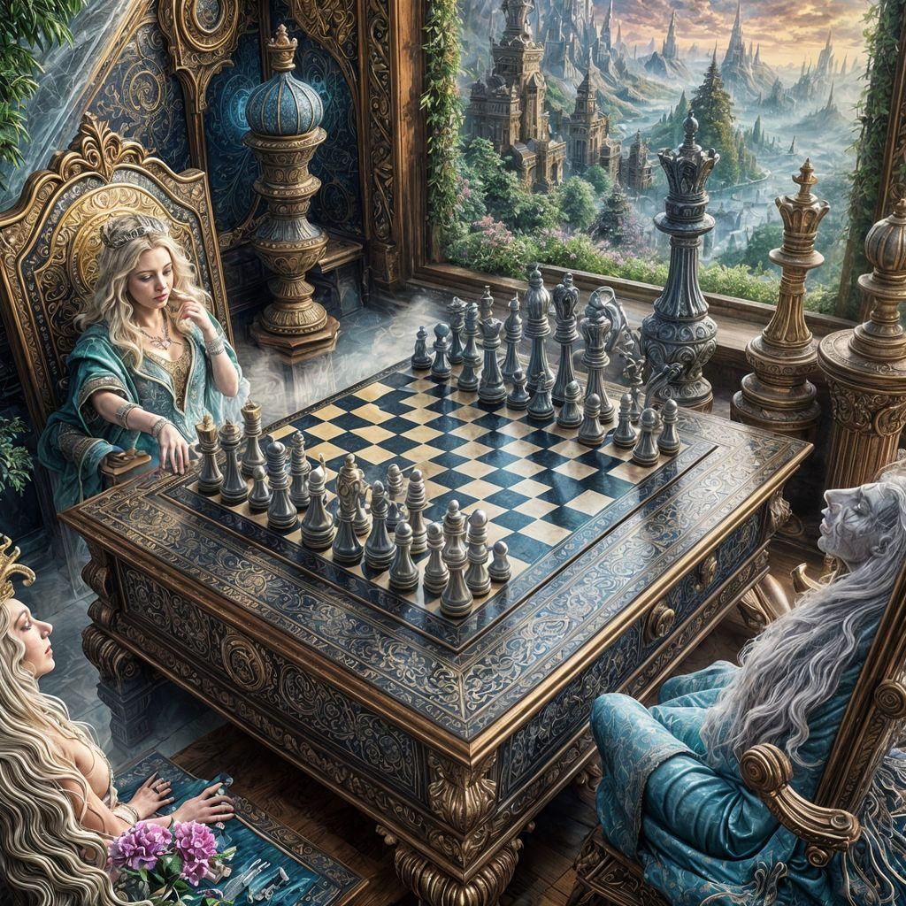 Ornate Chess Set in Maximalist Digital Painting