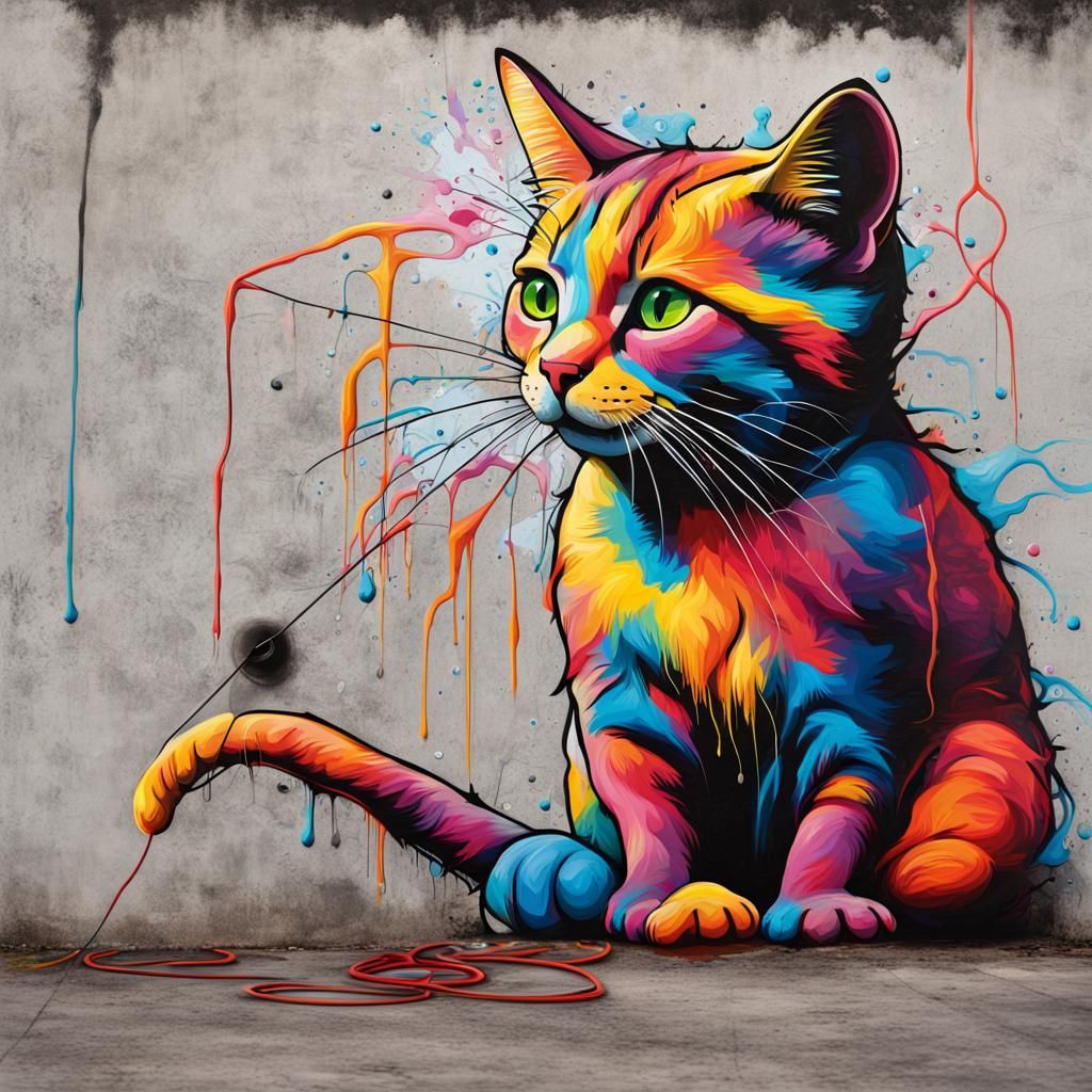 Colorful Street Art of Cat Playing with Yarn