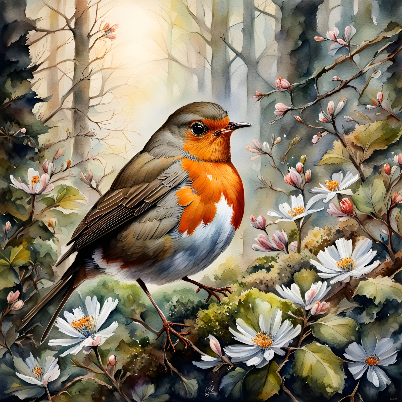 Robin in Spring Forest, Albrecht Dürer Style