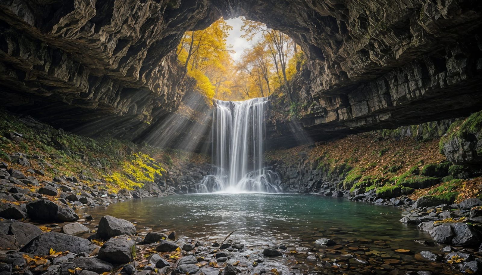 Epic Autumn Waterfall View From Cave