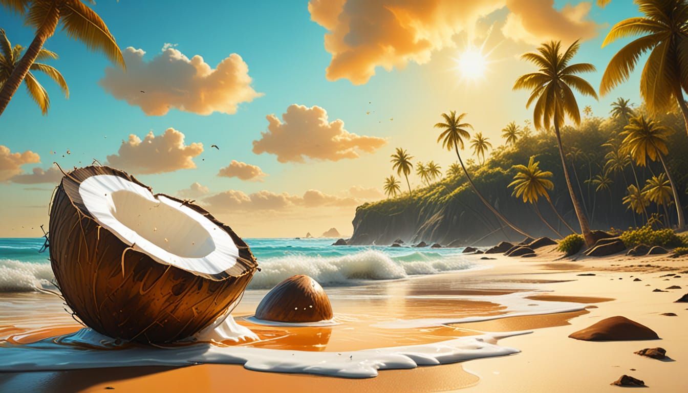 Surreal Coconut Beach Landscape as Oil Painting
