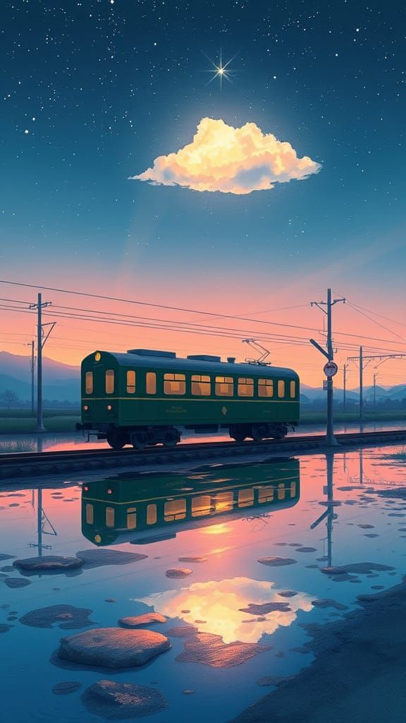 Twilight Railway Crossing: A Serene Anime-Inspired Scene