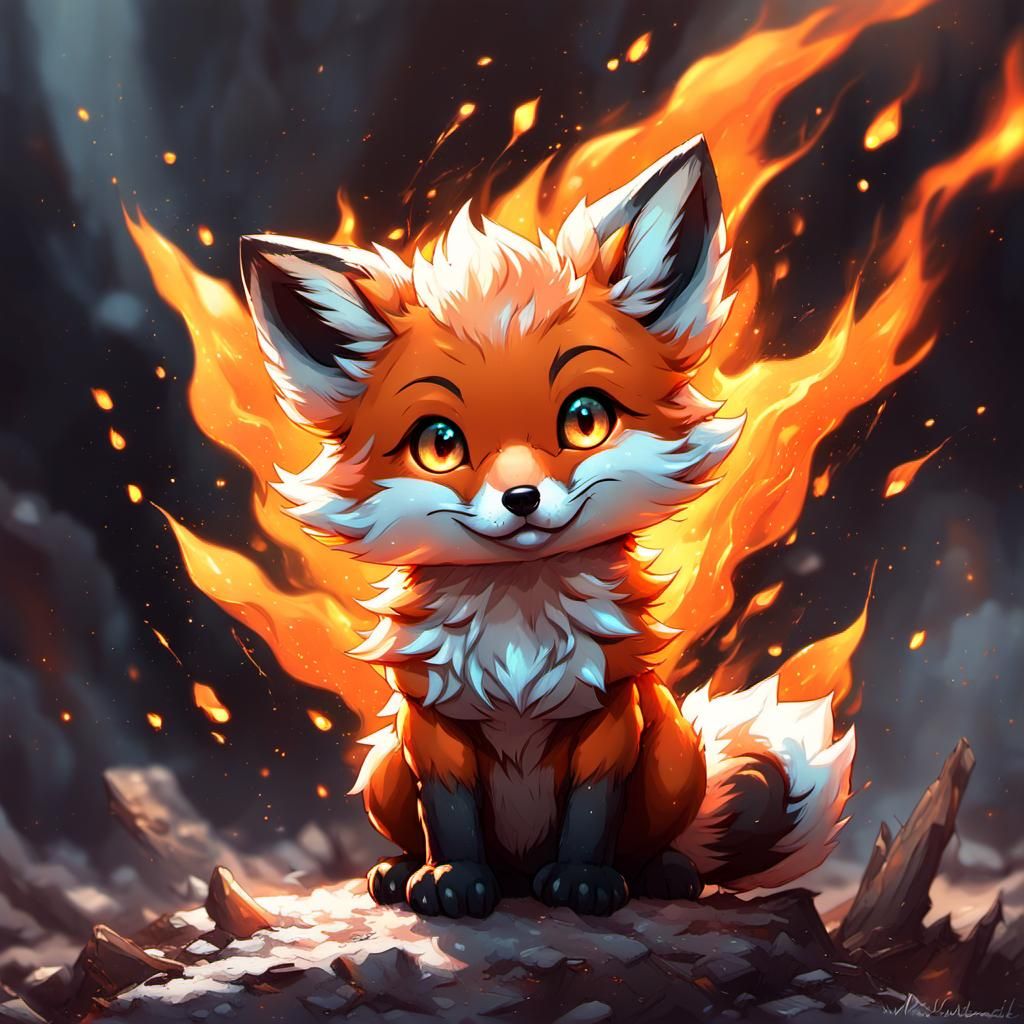 Fiery Chibi Fox Cub with Stellar Eyes