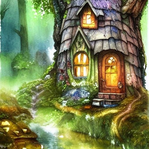 Fairy Cottage in Forest: Gouache Watercolor