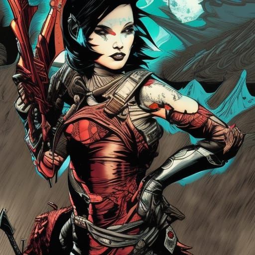 Lava Elf in Inkpunk Style near Volcano