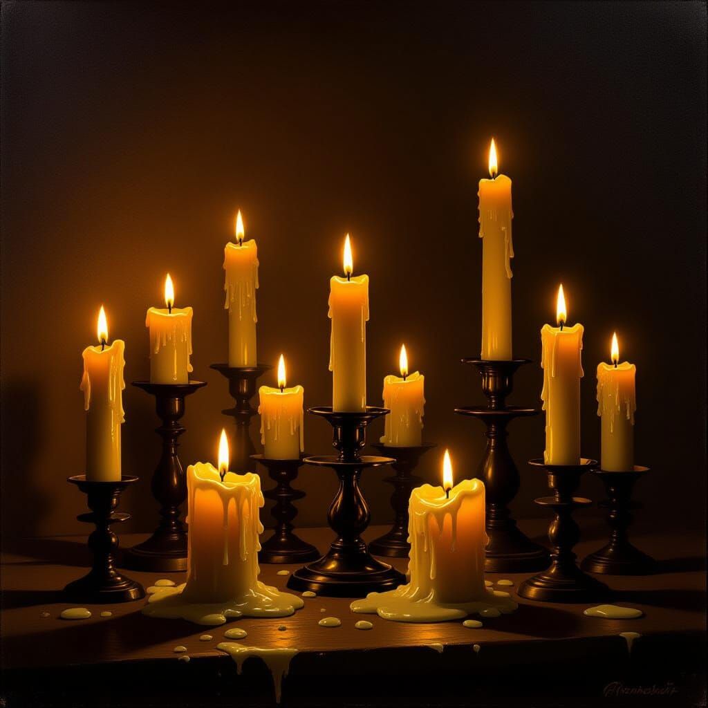 Old Burning Candles in Dark Room, Dutch Masters Style