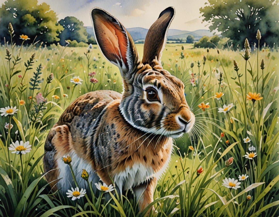 Wild Rabbit in Wildflower Meadow - Watercolour Painting