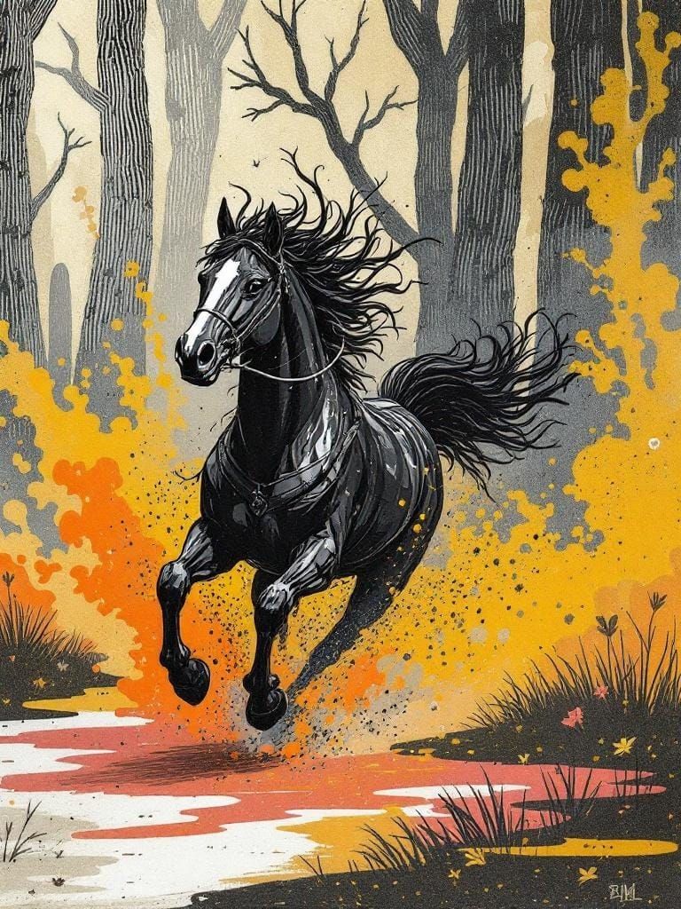 Horse Running Free in Gustave Dore and Mary Blair Style