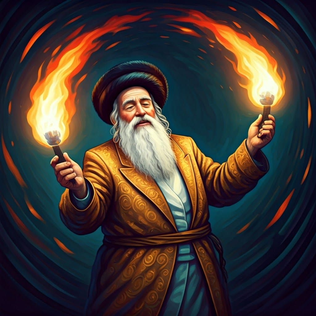 Hassidic Jew Dances with Fire in Surrealist Style