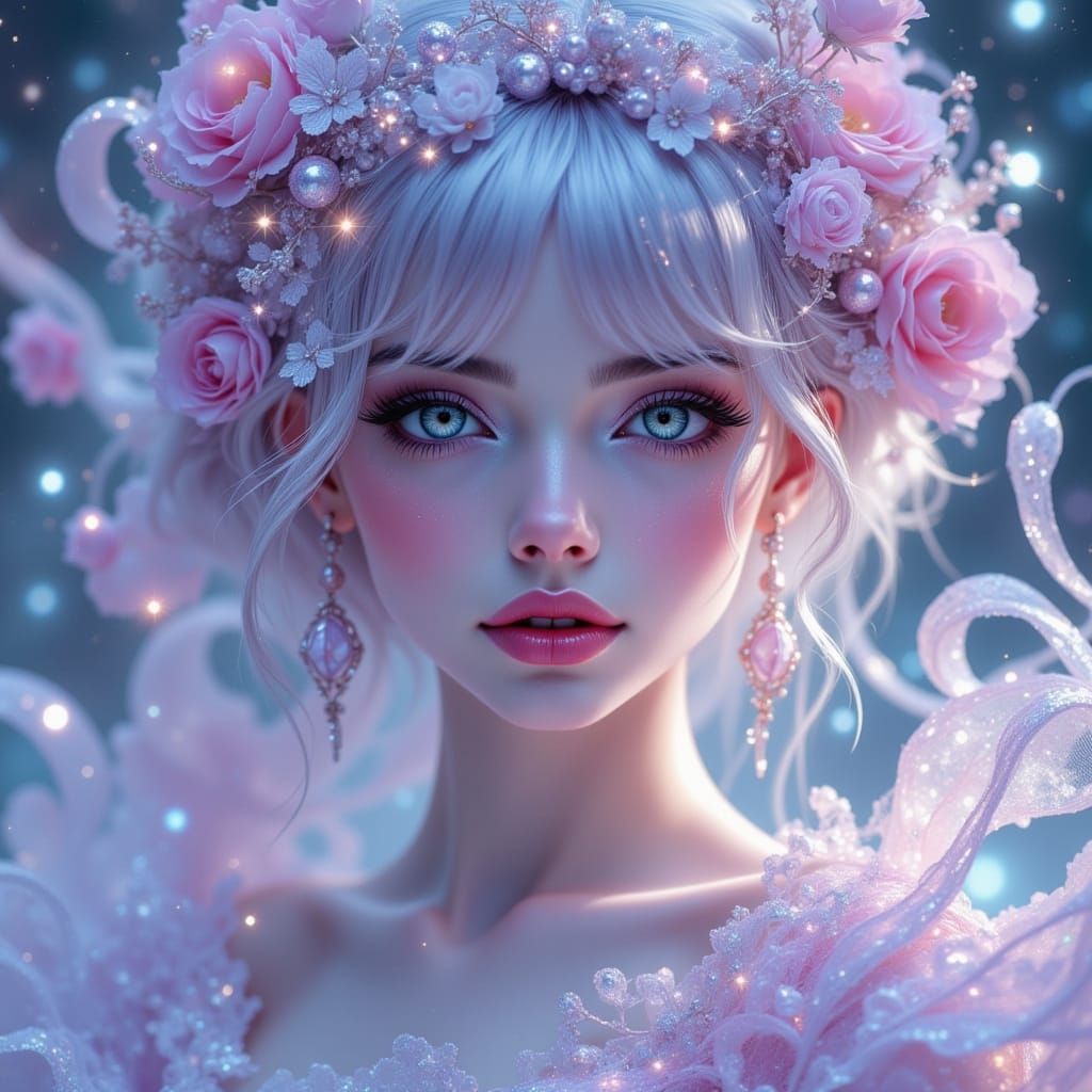 Dreamlike Doll Woman in Swirling Galaxy Landscape