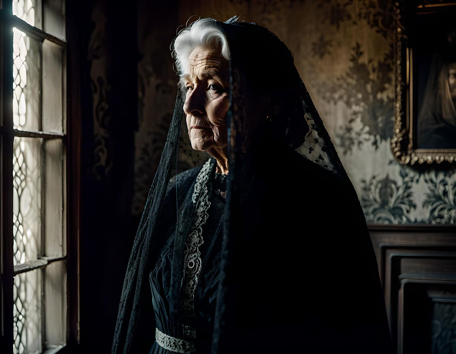 Gothic Portrait of a Veiled Woman in Abandoned Mansion