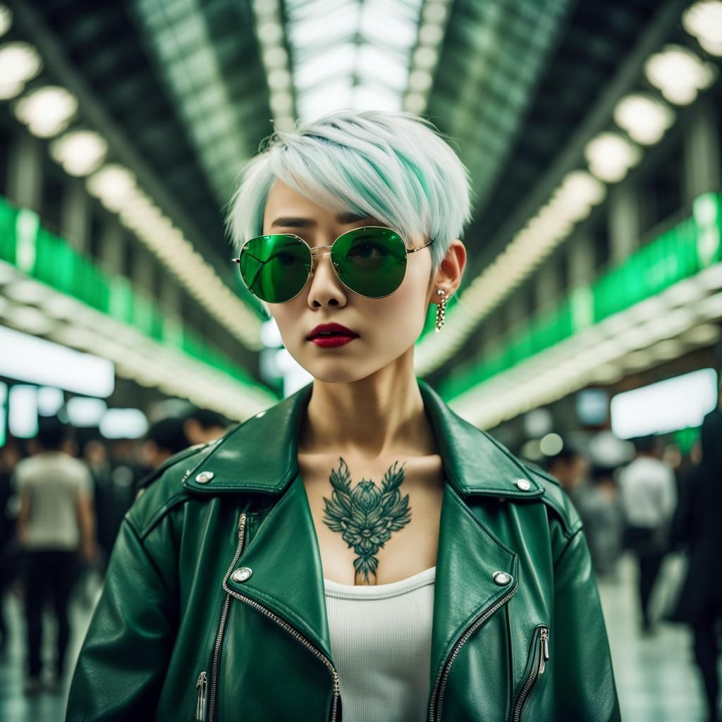 Japanese Woman with Tattoos in Leather Jacket