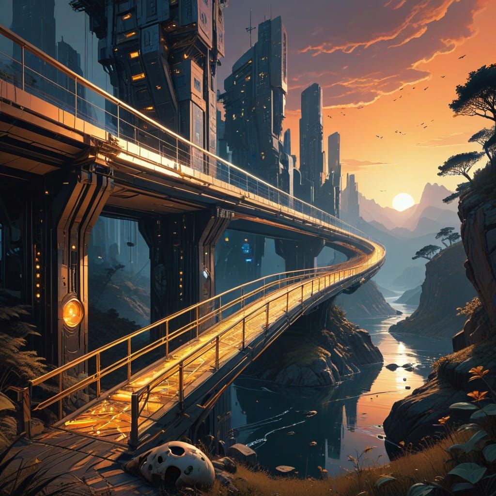 Luxurious Golden Bridge in Abstract Vector Fractal Style