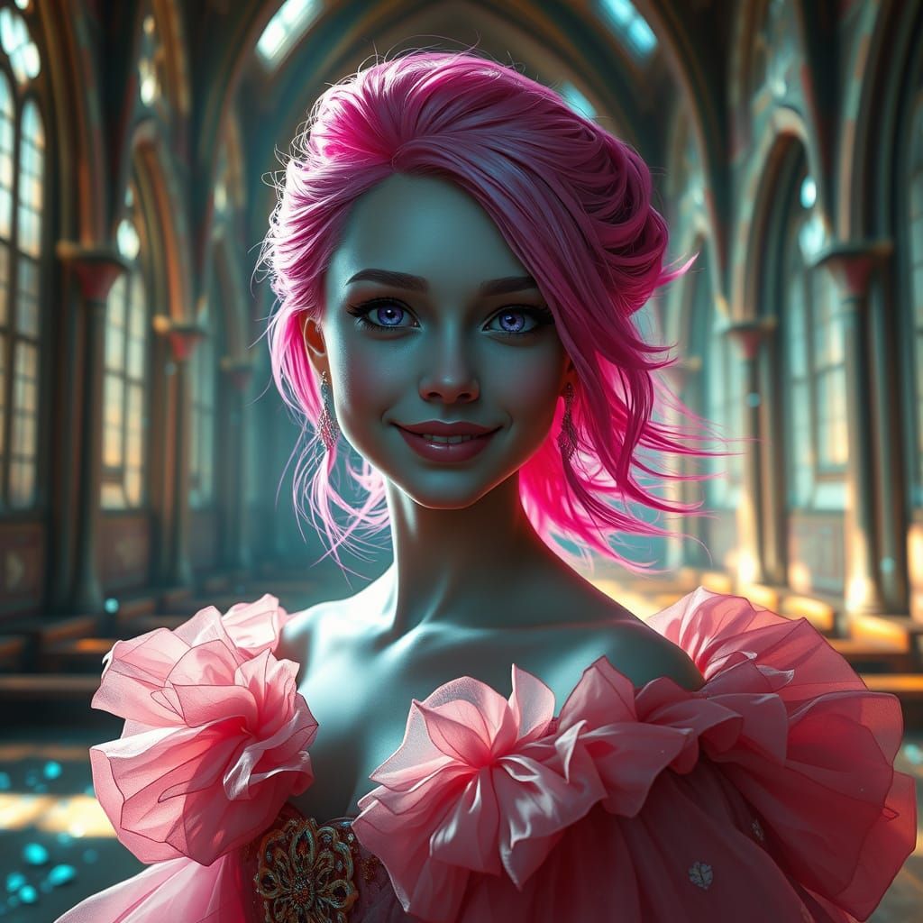 Petite Gothic Bride Smiles in Abandoned Church