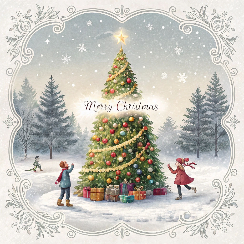 Christmas Card Scene in Impressionist Oil Painting Style