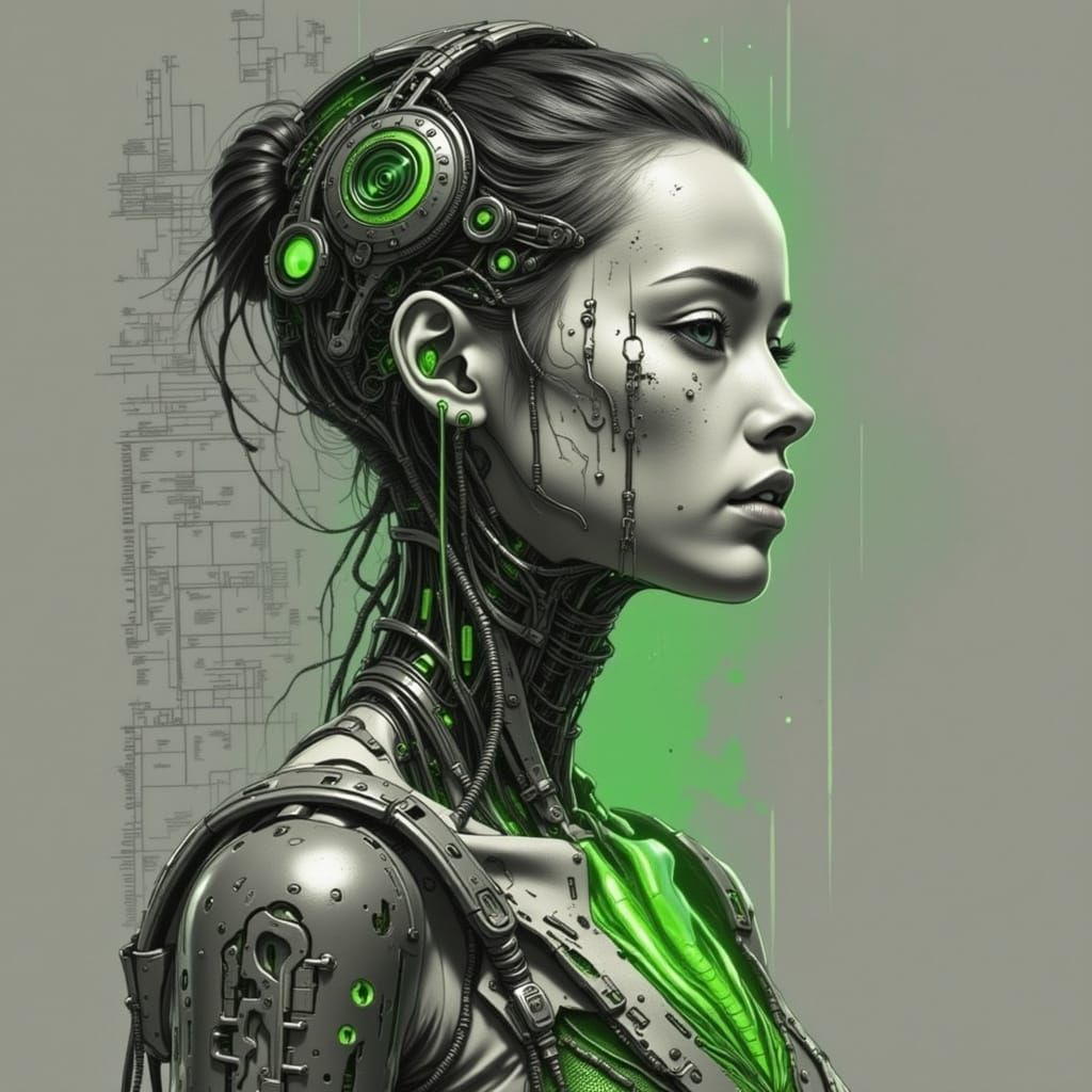 Neon Cyborg Woman with Musical Tattoos