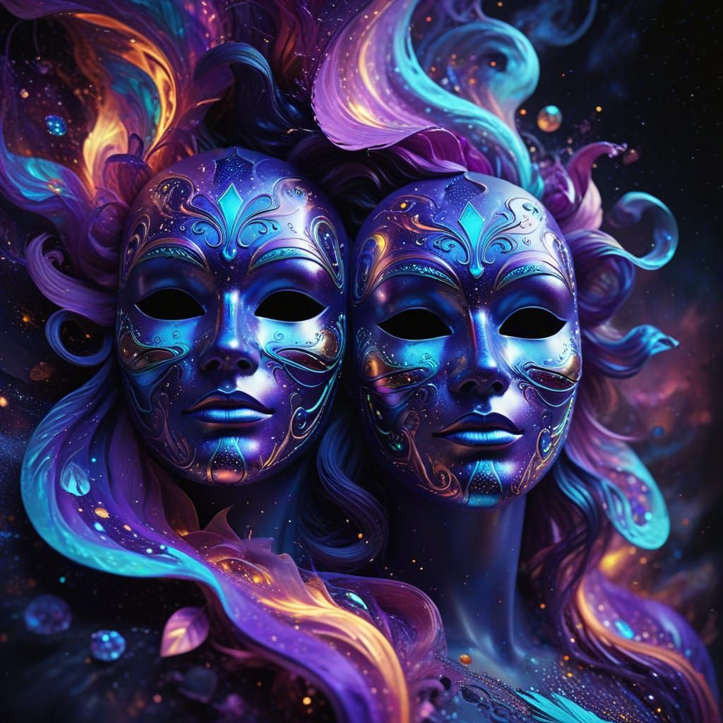Ethereal Theater Masks in Cosmic Vortex