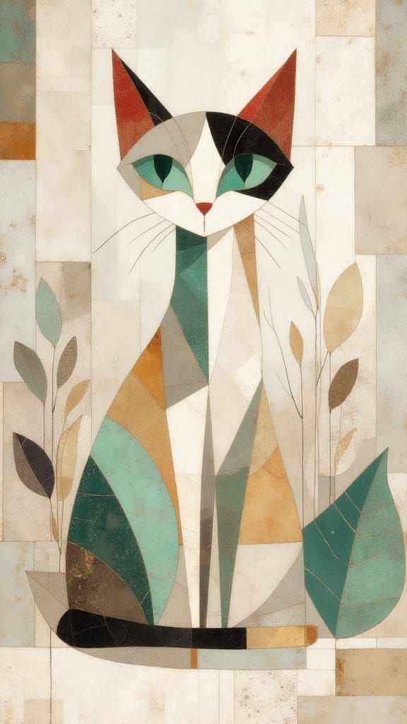 Geometric Abstract Cat in Muted Colors