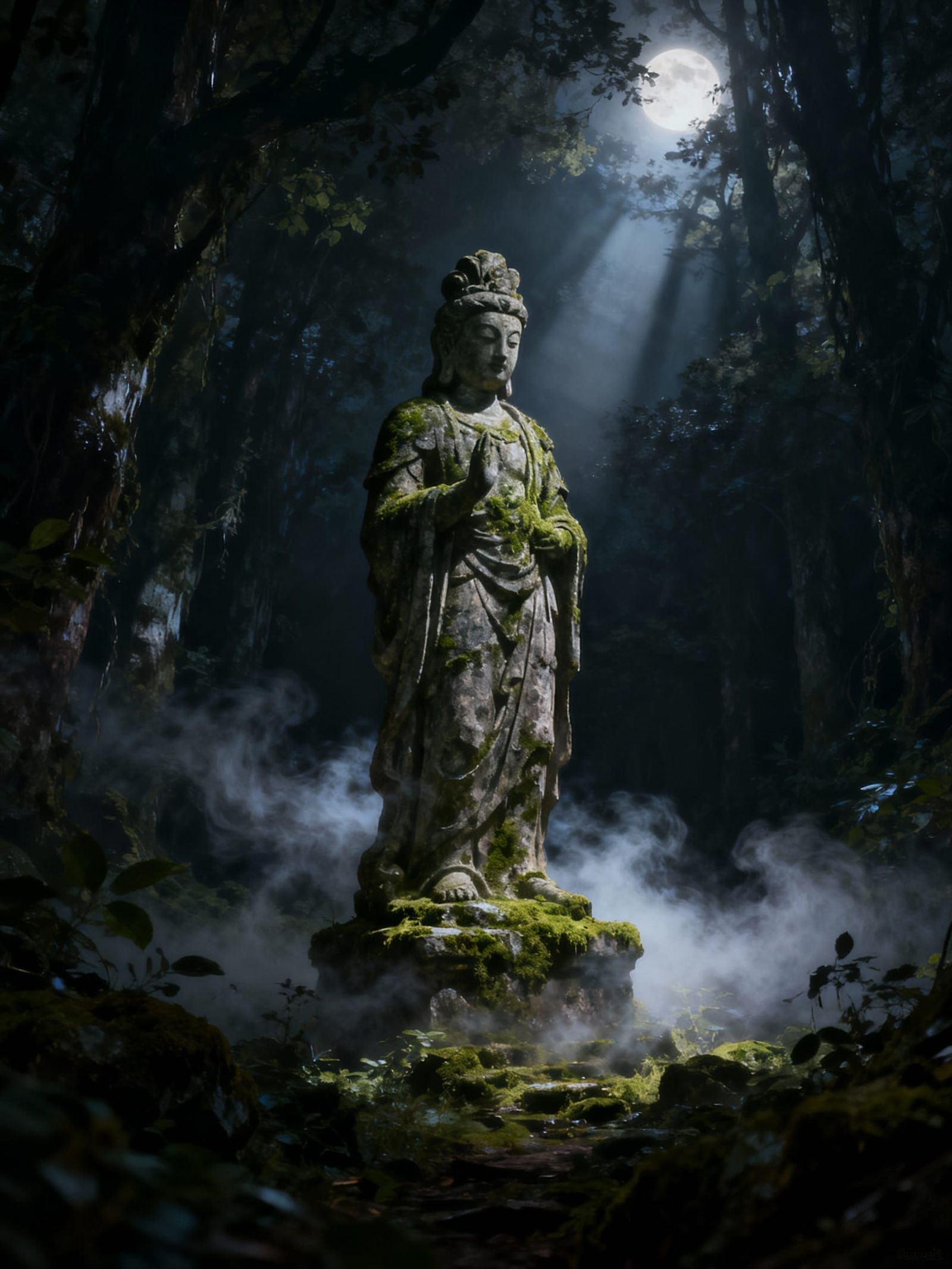 Ancient Deity Statue in Misty Forest