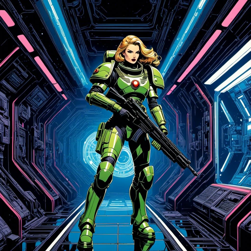 Tough Space Marine Shoots Aliens in Dark Corridor