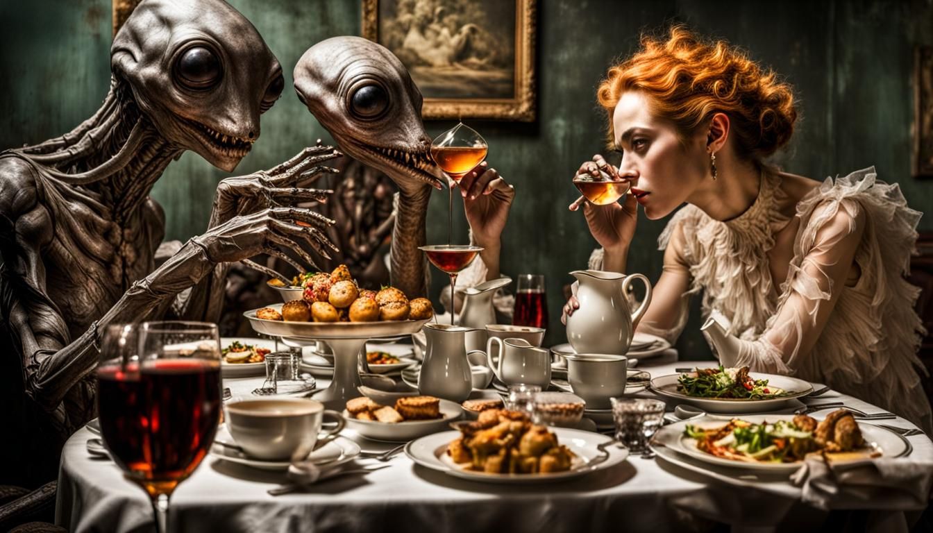 Surreal Restaurant Scene with Exotic Aliens