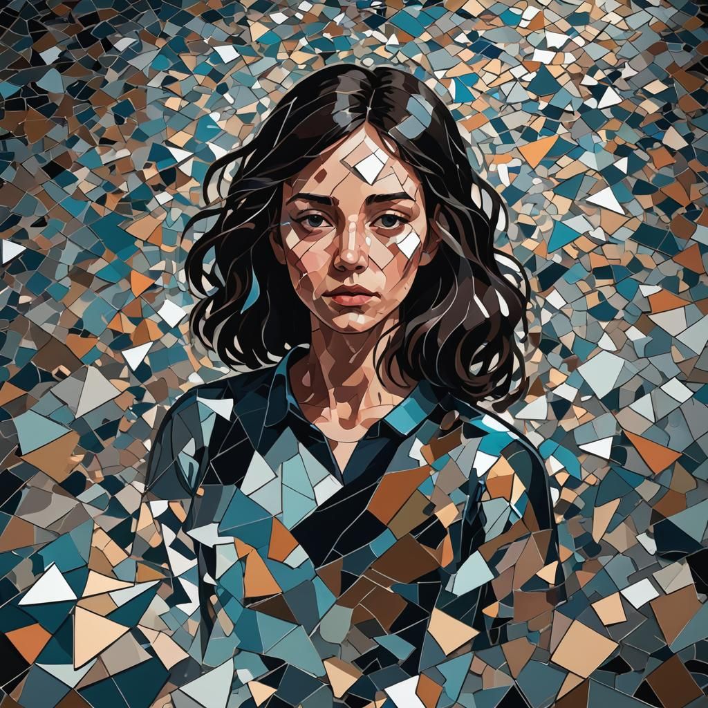 Surreal Contemplative Woman in Shattered Room